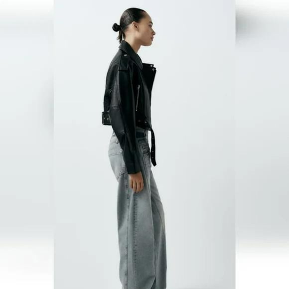 ZARA FAUX LEATHER CROP BIKER JACKET - Picture 6 of 10